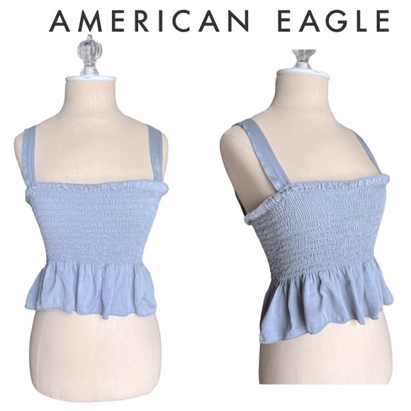 American Eagle Don’t Ask Why Blue Smocked Peplum Ruffle Hem Sleeveless Crop Cami - Picture 1 of 10